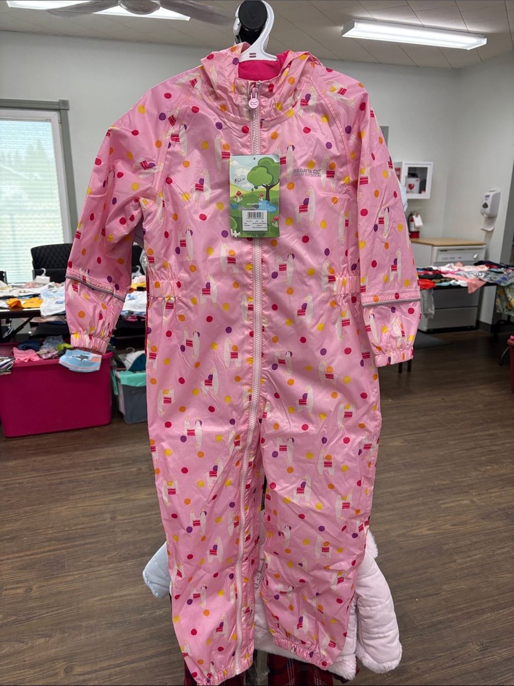 Kids Waterproof Pink Hooded Rain One-Piece with llama Print